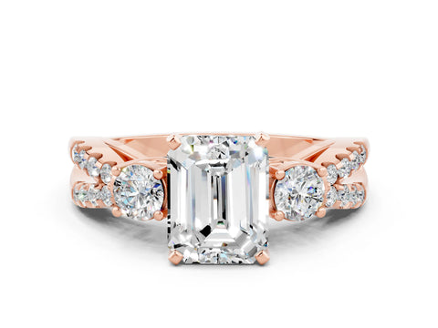Rose gold Emerald Cut Moissanite Three-Stone Ring with Pavé Split Shank and Four-Prong Setting