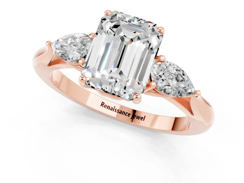 Rose gold Emerald Cut Moissanite Three-Stone Ring with Pear Side Stones and Four-Prong Setting_13