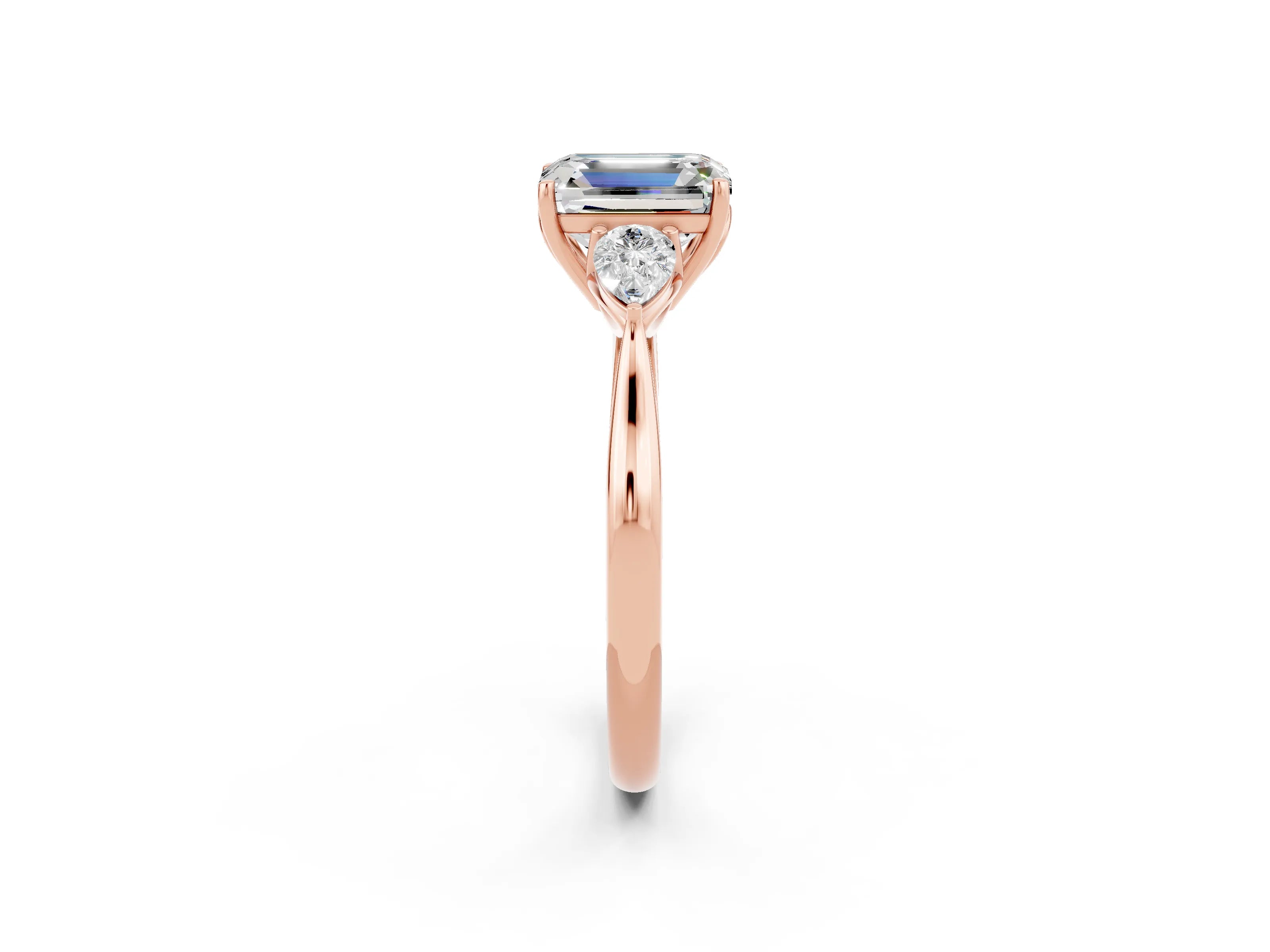 Rose gold Emerald Cut Moissanite Three-Stone Ring with Pear Side Stones and Four-Prong Setting_14