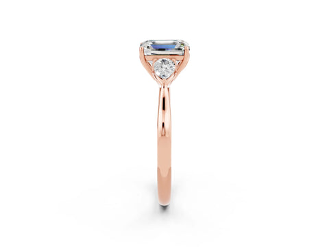 Rose gold Emerald Cut Moissanite Three-Stone Ring with Pear Side Stones and Four-Prong Setting_14