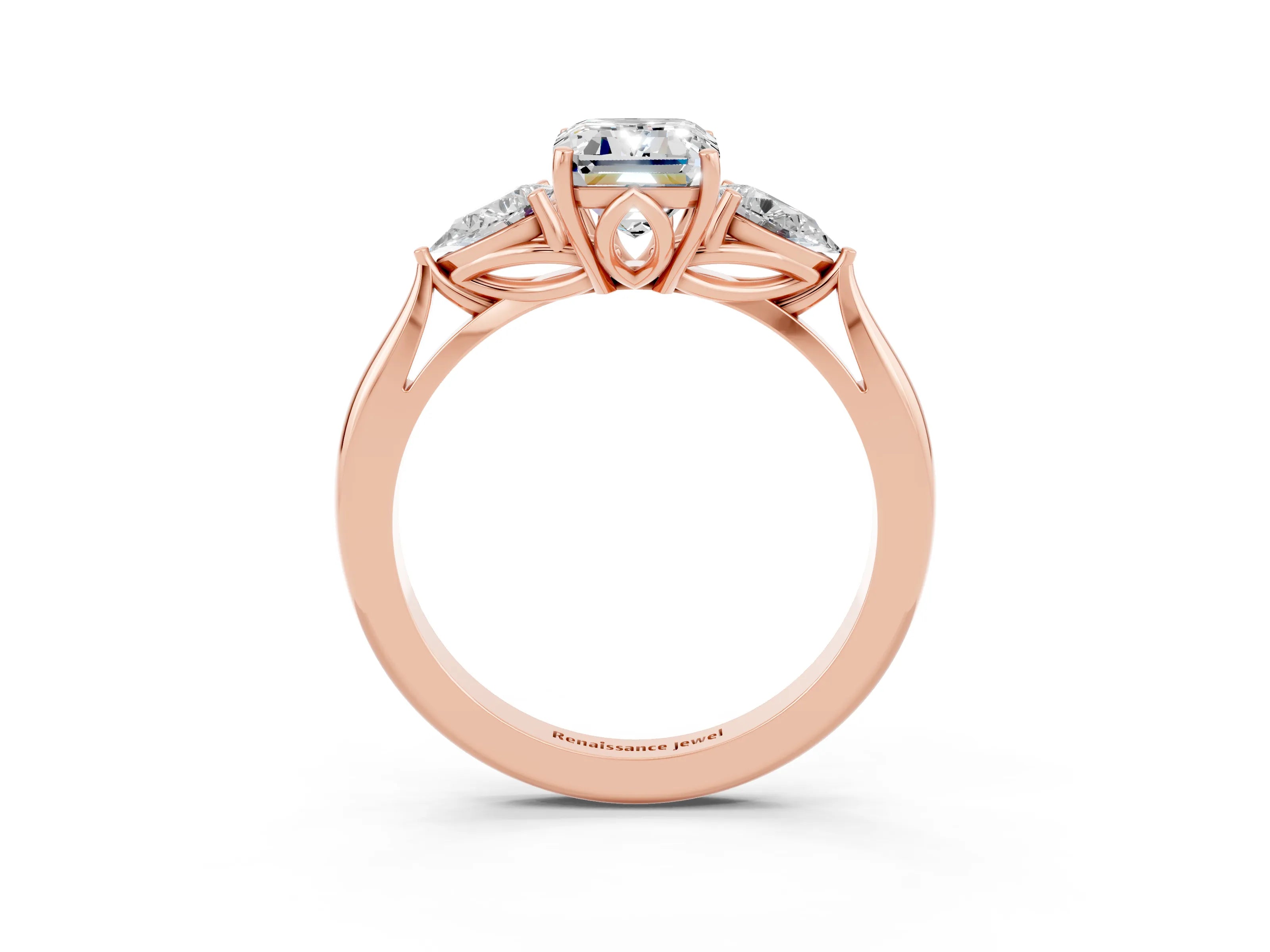 Rose gold Emerald Cut Moissanite Three-Stone Ring with Pear Side Stones and Four-Prong Setting_15