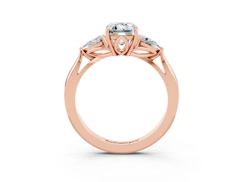 Rose gold Emerald Cut Moissanite Three-Stone Ring with Pear Side Stones and Four-Prong Setting_15