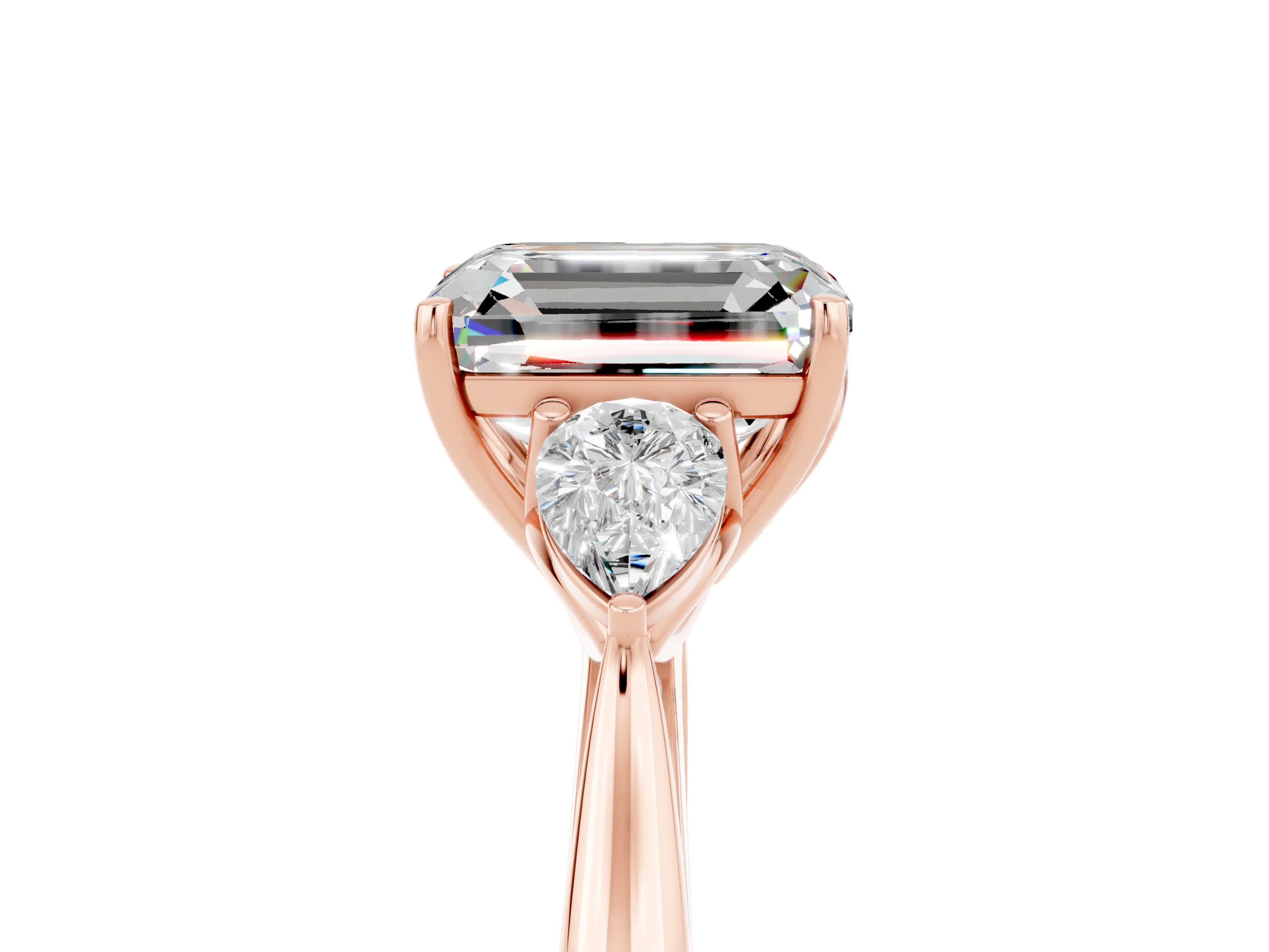 Rose gold Emerald Cut Moissanite Three-Stone Ring with Pear Side Stones and Four-Prong Setting_17