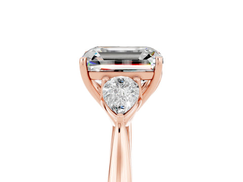 Rose gold Emerald Cut Moissanite Three-Stone Ring with Pear Side Stones and Four-Prong Setting_17