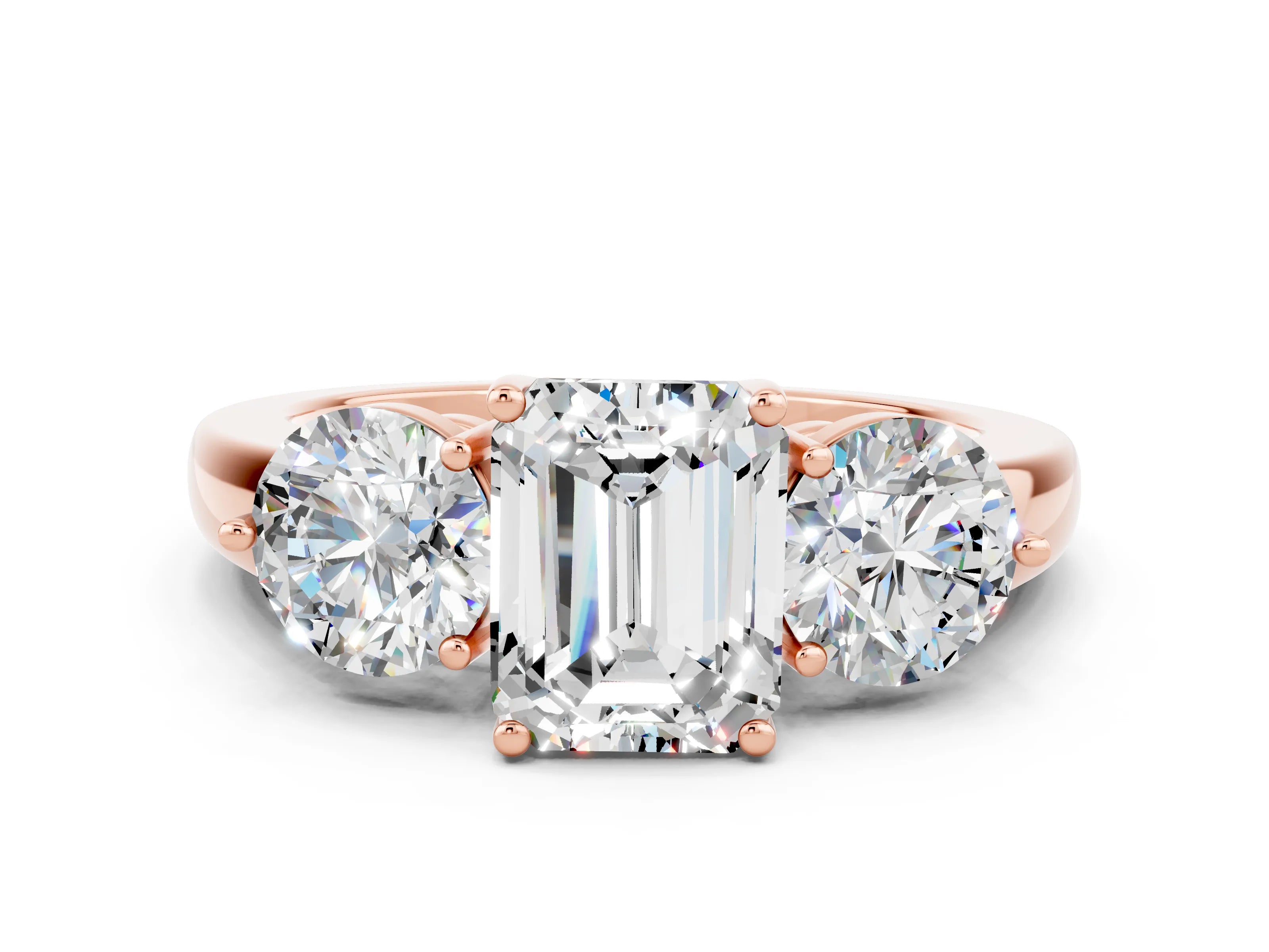 Rose gold Emerald Cut Moissanite Three-Stone Ring with Prong Setting and Classic Band