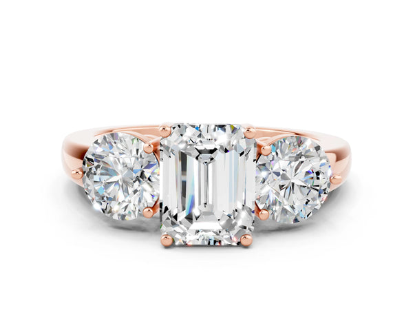Rose gold Emerald Cut Moissanite Three-Stone Ring with Prong Setting and Classic Band