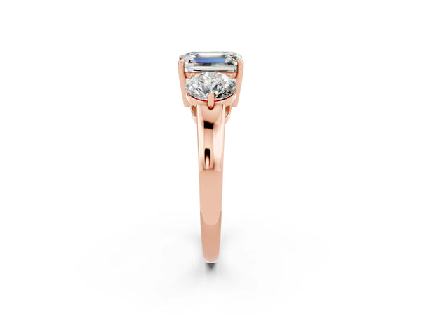 Rose gold Emerald Cut Moissanite Three-Stone Ring with Prong Setting and Classic Band