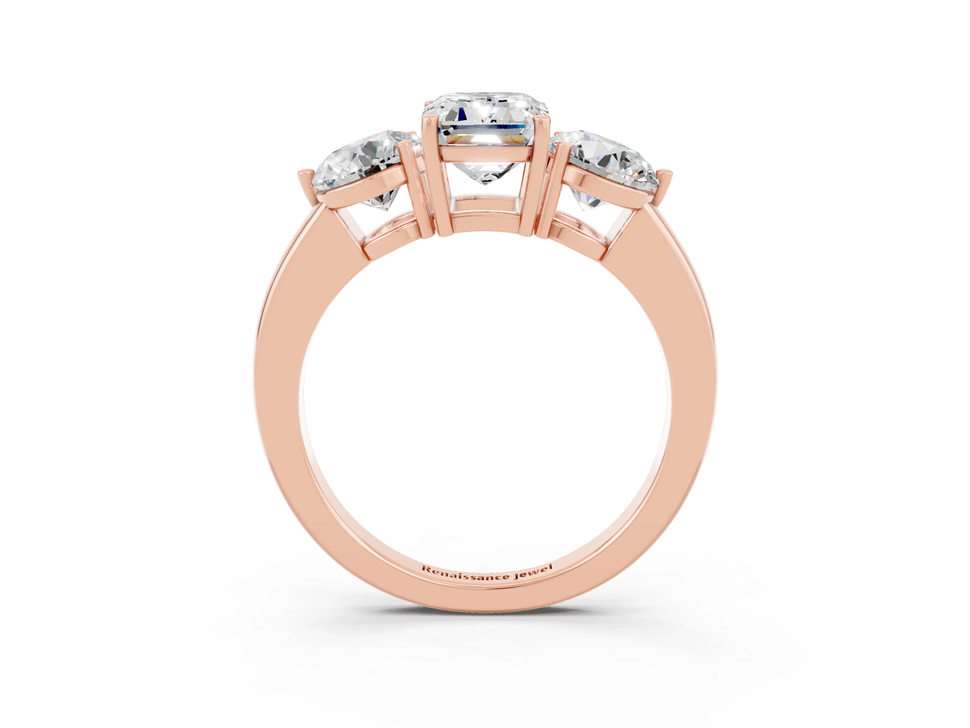 Rose gold Emerald Cut Moissanite Three-Stone Ring with Prong Setting and Classic Band_3