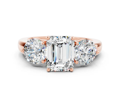 Rose gold Emerald Cut Moissanite Three-Stone Ring with Prong Setting and Classic Band