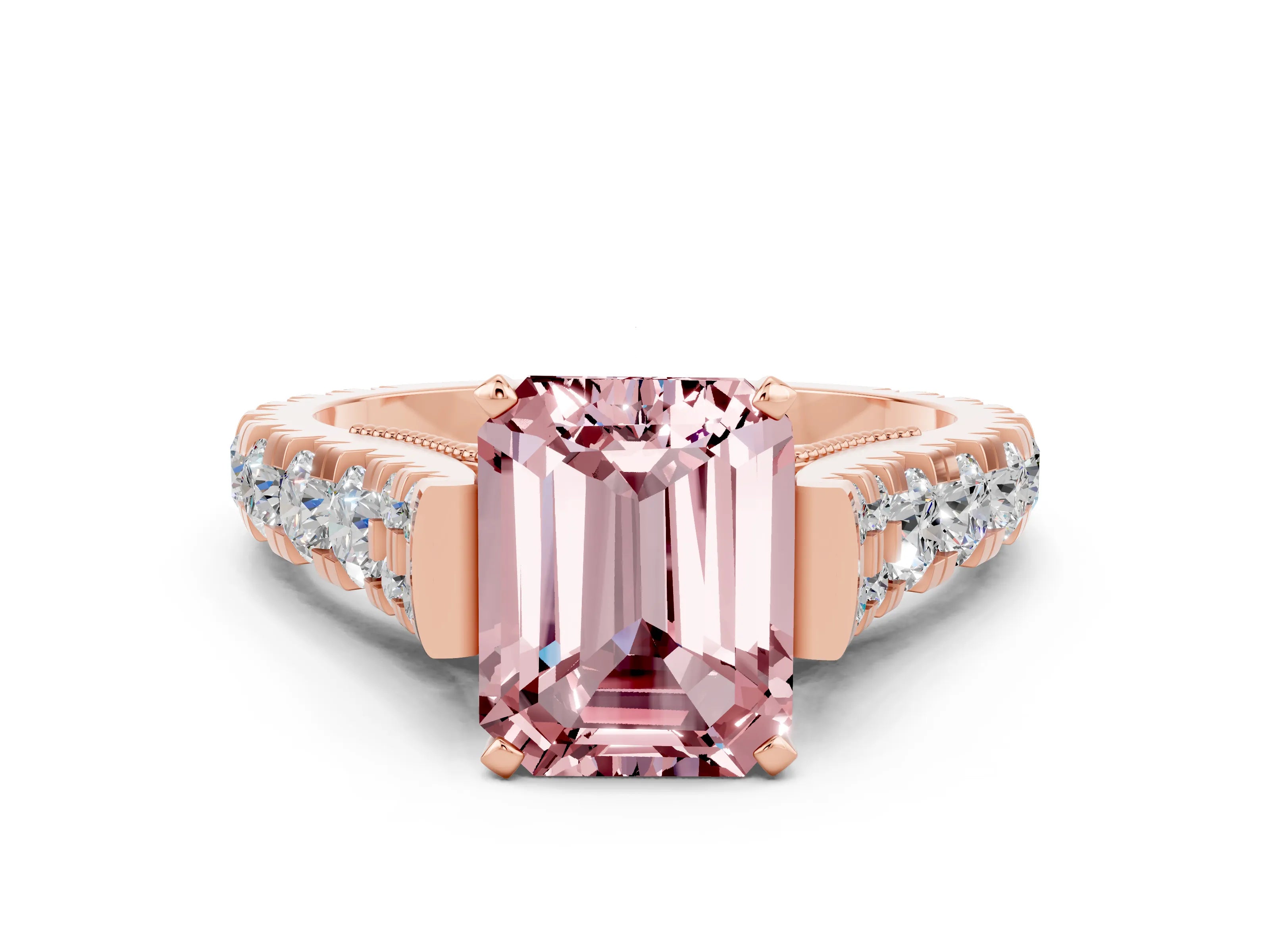 Rose gold Emerald Cut Morganite Classic Solitaire Ring with Pavé Band and Four-Prong Setting