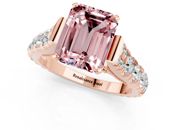 Rose gold Emerald Cut Morganite Classic Solitaire Ring with Pavé Band and Four-Prong Setting
