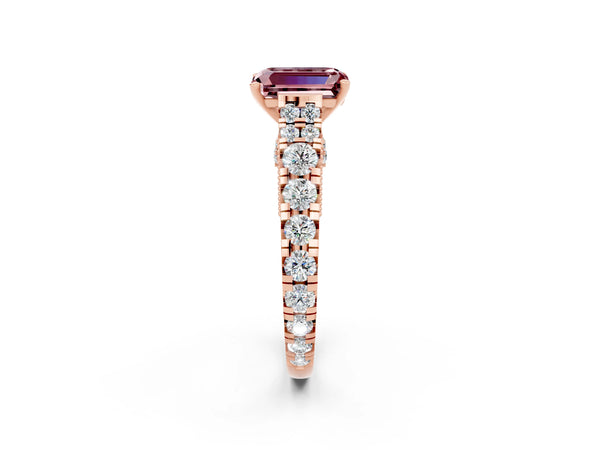 Rose gold Emerald Cut Morganite Classic Solitaire Ring with Pavé Band and Four-Prong Setting