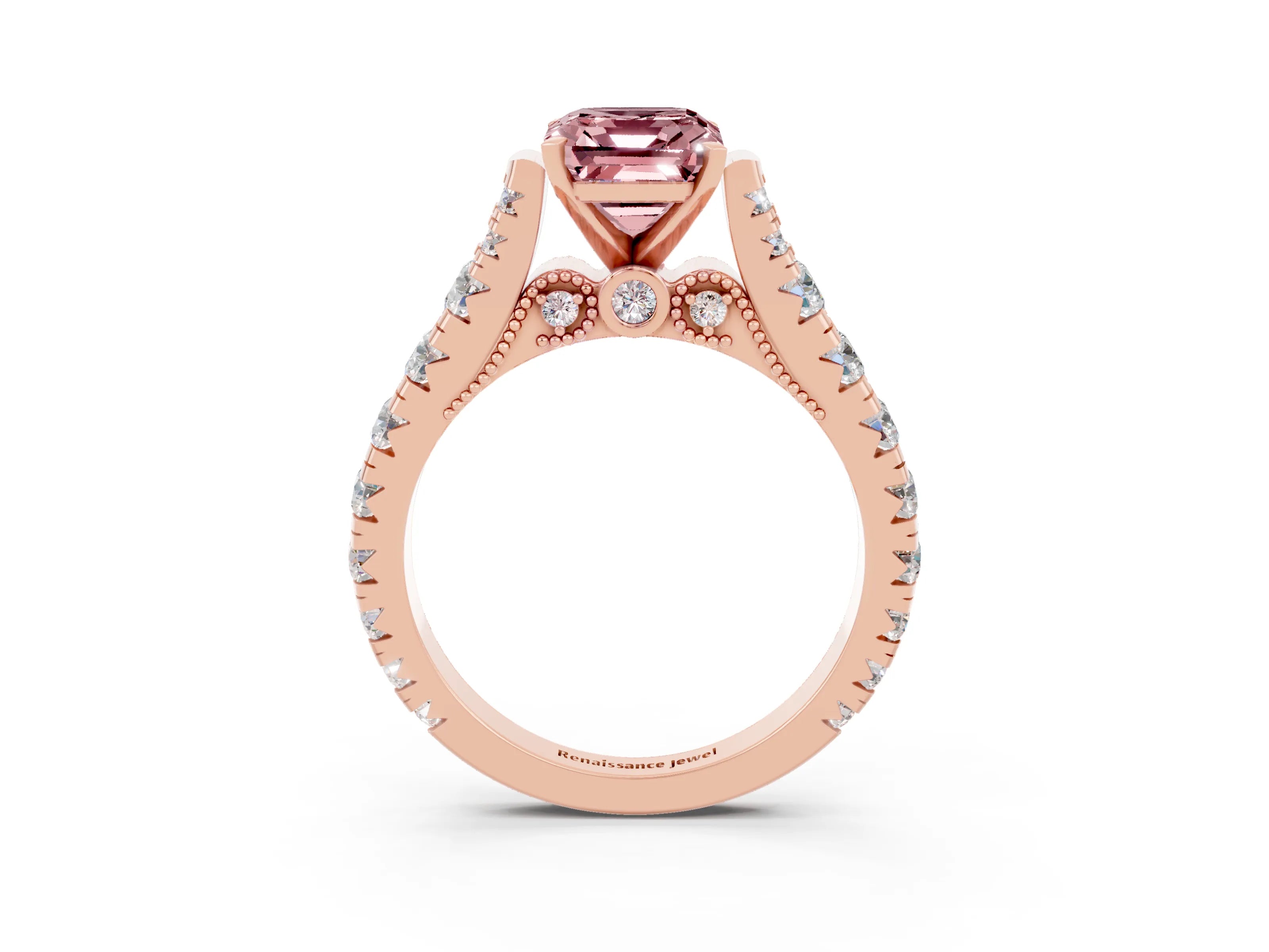 Rose gold Emerald Cut Morganite Classic Solitaire Ring with Pavé Band and Four-Prong Setting_3