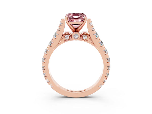 Rose gold Emerald Cut Morganite Classic Solitaire Ring with Pavé Band and Four-Prong Setting