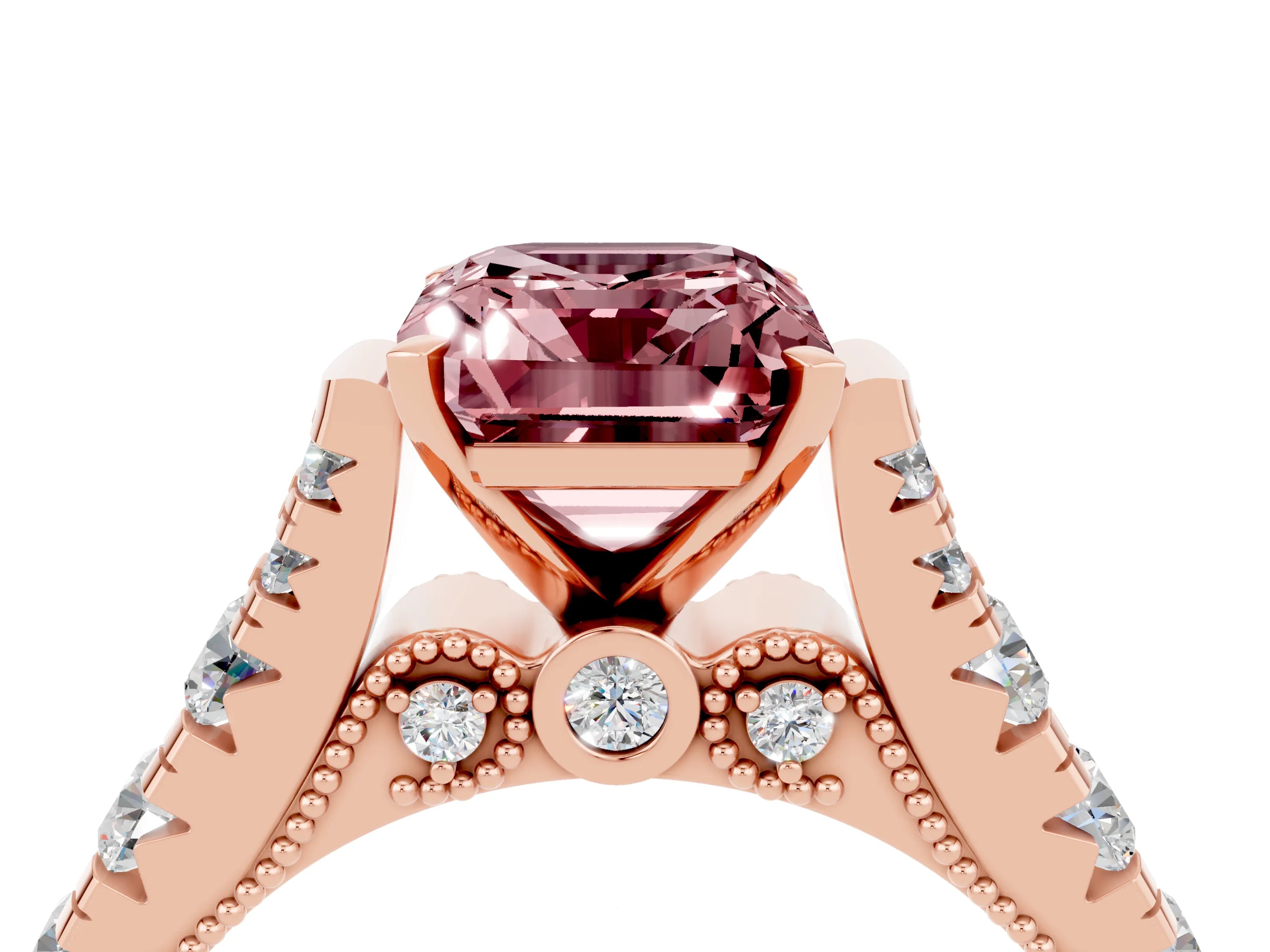 Rose gold Emerald Cut Morganite Classic Solitaire Ring with Pavé Band and Four-Prong Setting_4