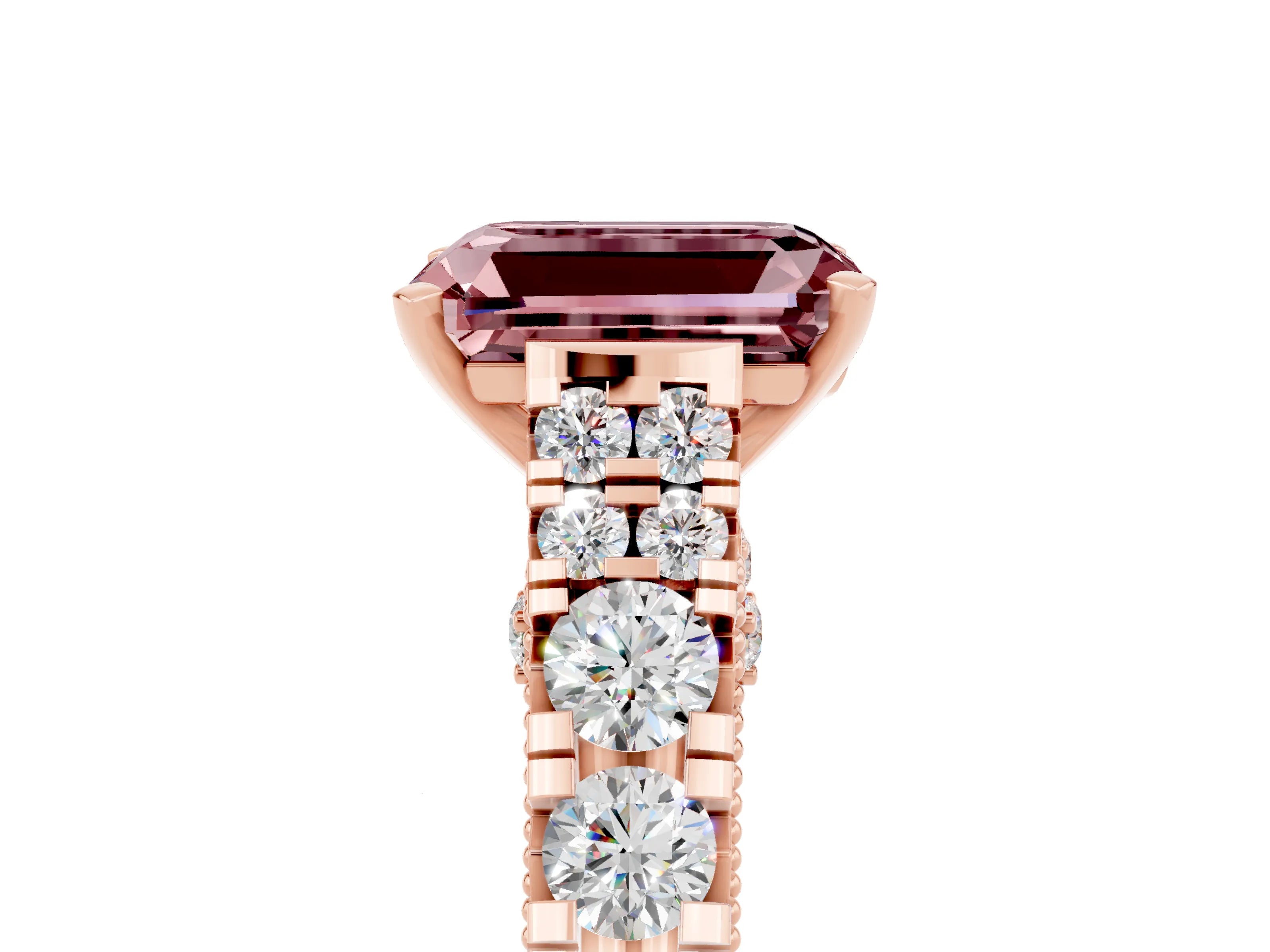 Rose gold Emerald Cut Morganite Classic Solitaire Ring with Pavé Band and Four-Prong Setting_5