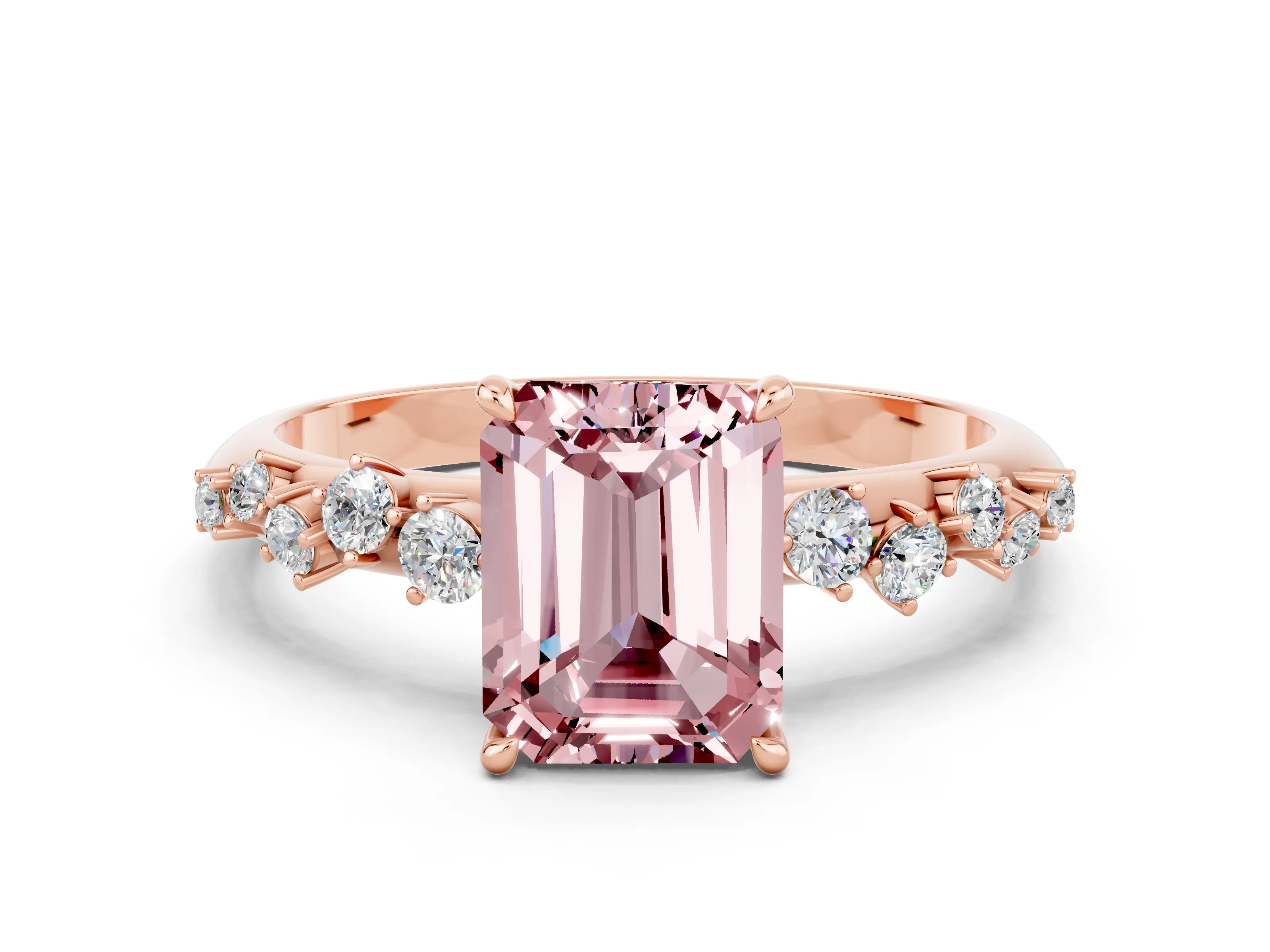 Rose gold Emerald Cut Morganite Cluster Side Stone Solitaire Ring with Prong Setting_24