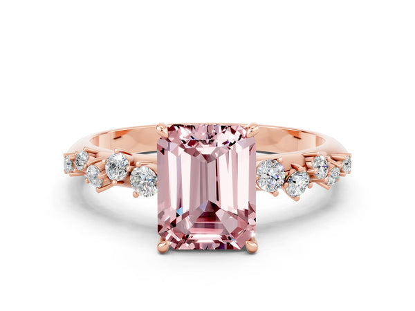 Rose gold Emerald Cut Morganite Cluster Side Stone Solitaire Ring with Prong Setting