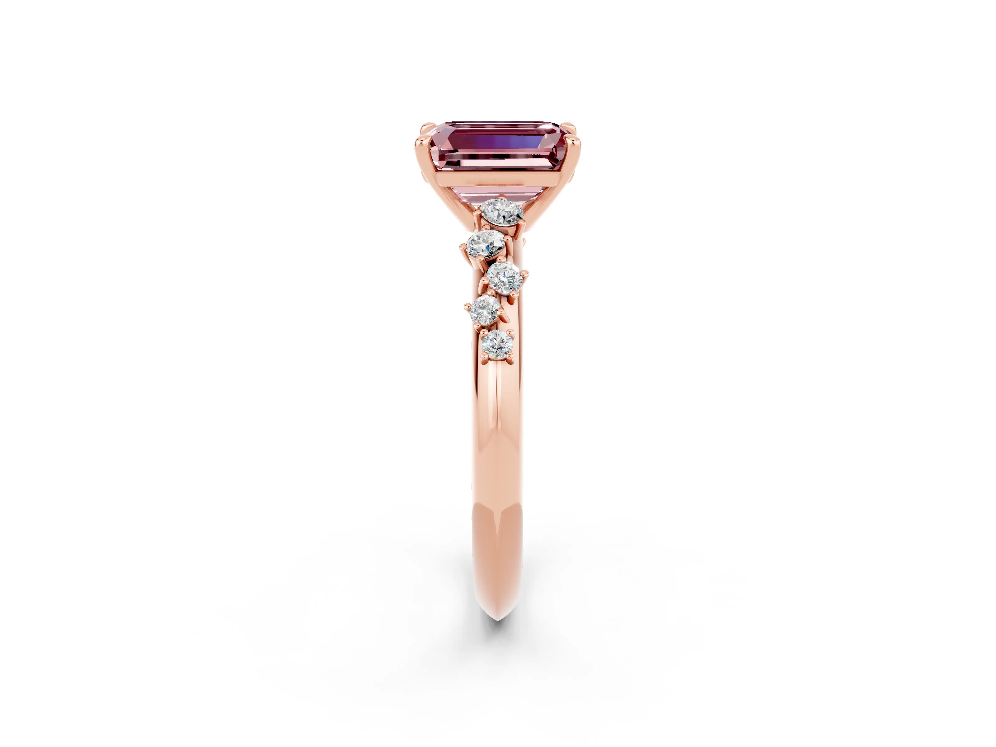 Rose gold Emerald Cut Morganite Cluster Side Stone Solitaire Ring with Prong Setting_26