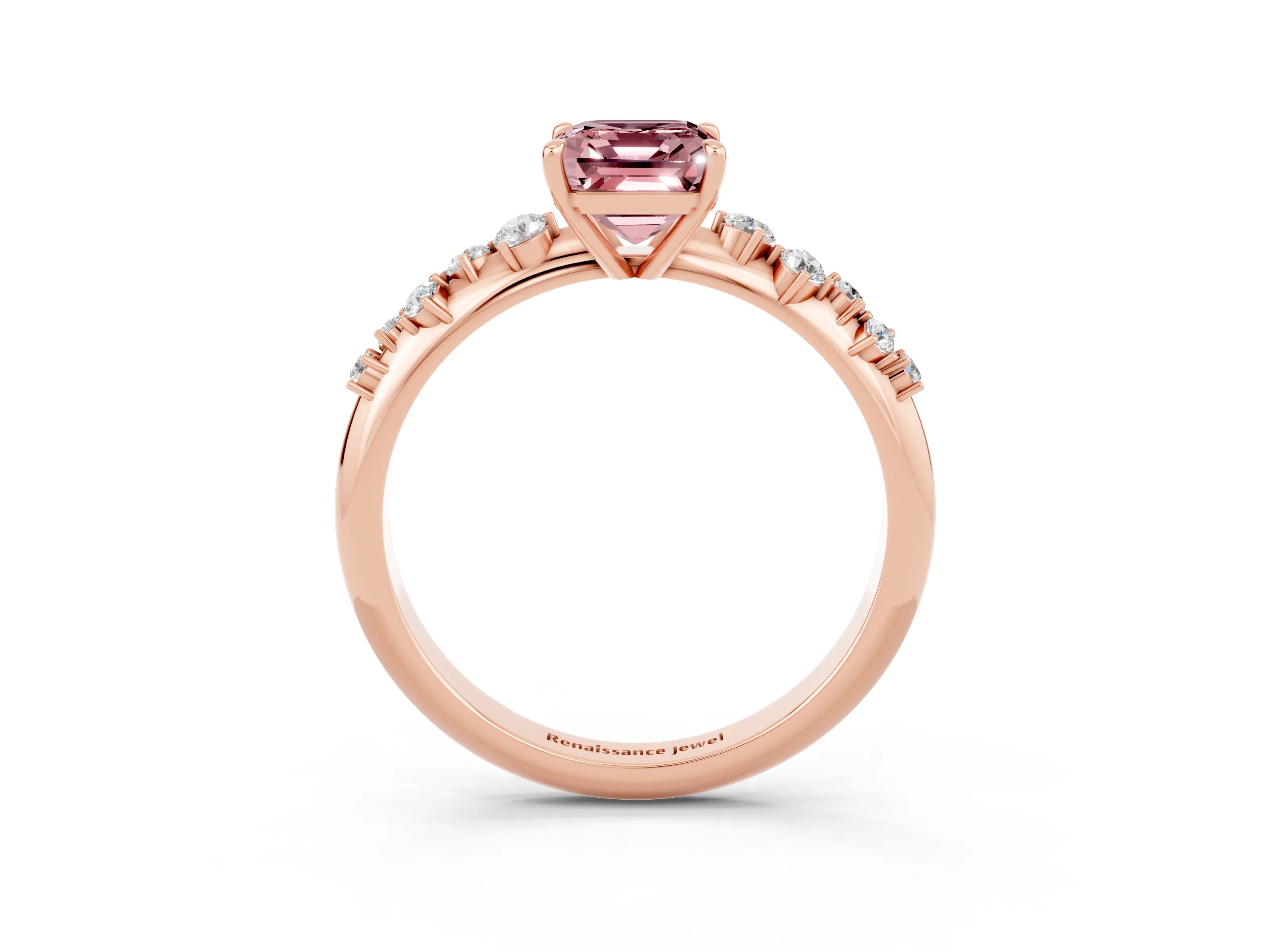 Rose gold Emerald Cut Morganite Cluster Side Stone Solitaire Ring with Prong Setting_27