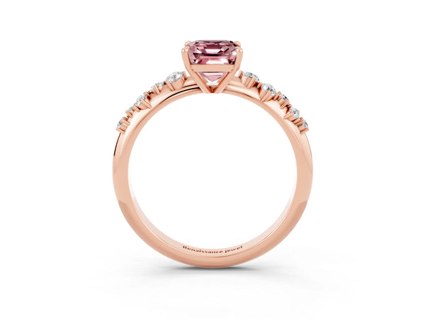 Rose gold Emerald Cut Morganite Cluster Side Stone Solitaire Ring with Prong Setting