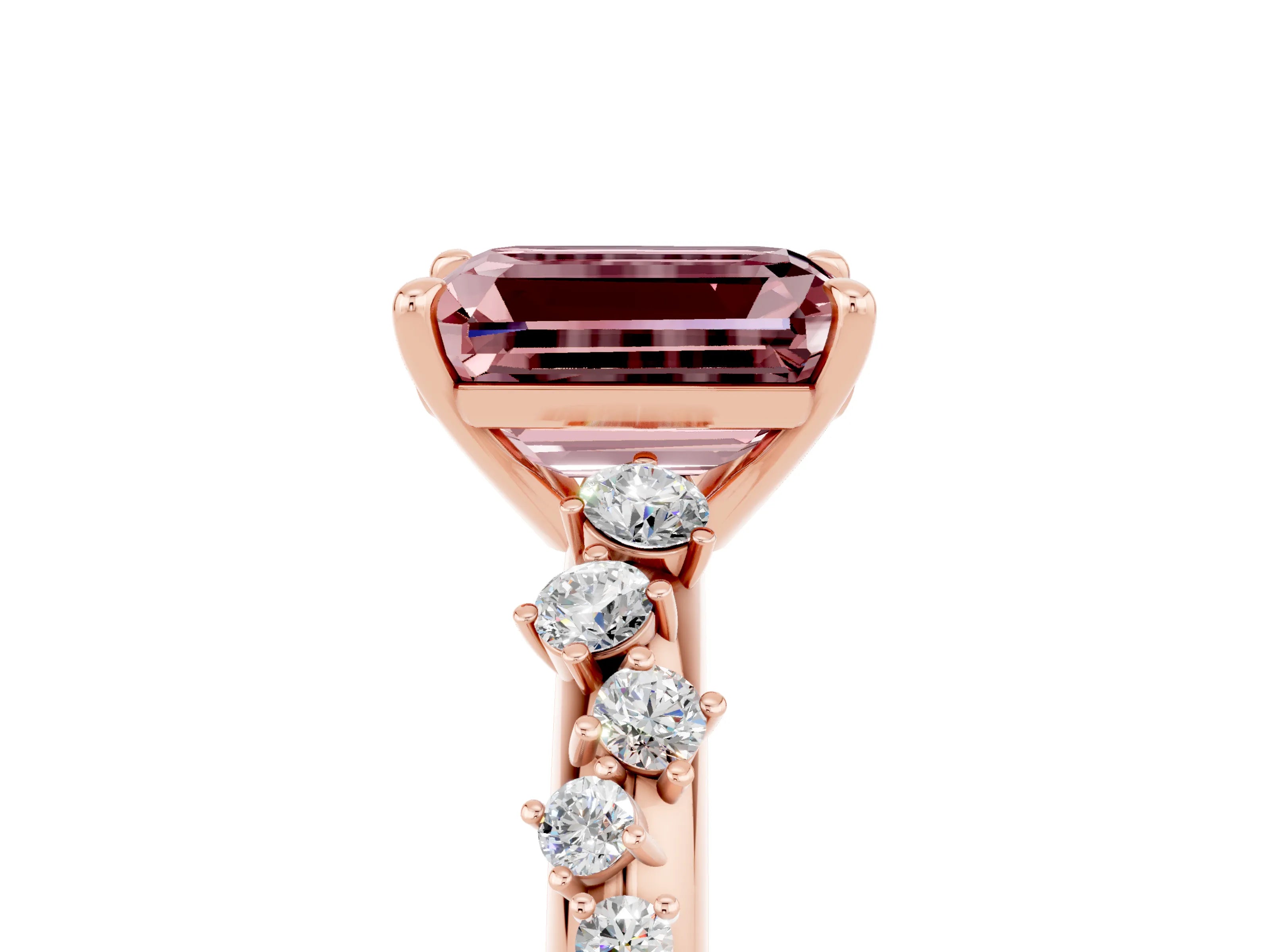 Rose gold Emerald Cut Morganite Cluster Side Stone Solitaire Ring with Prong Setting_29