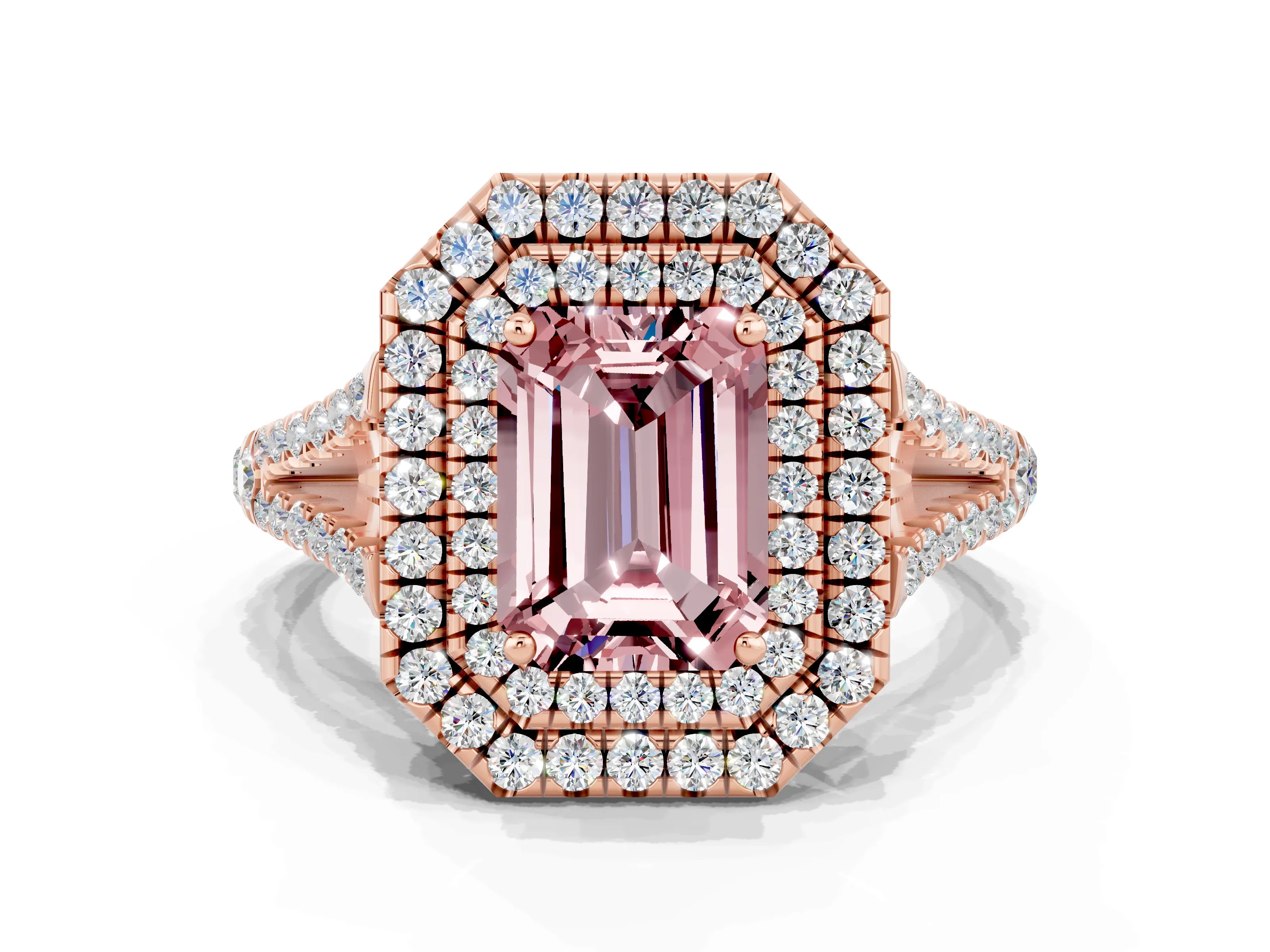 Rose gold Emerald Cut Morganite Double Halo Ring with Pavé Band and Prong Setting_12