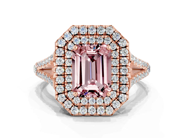 Rose gold Emerald Cut Morganite Double Halo Ring with Pavé Band and Prong Setting