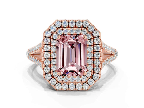 Rose gold Emerald Cut Morganite Double Halo Ring with Pavé Band and Prong Setting_12