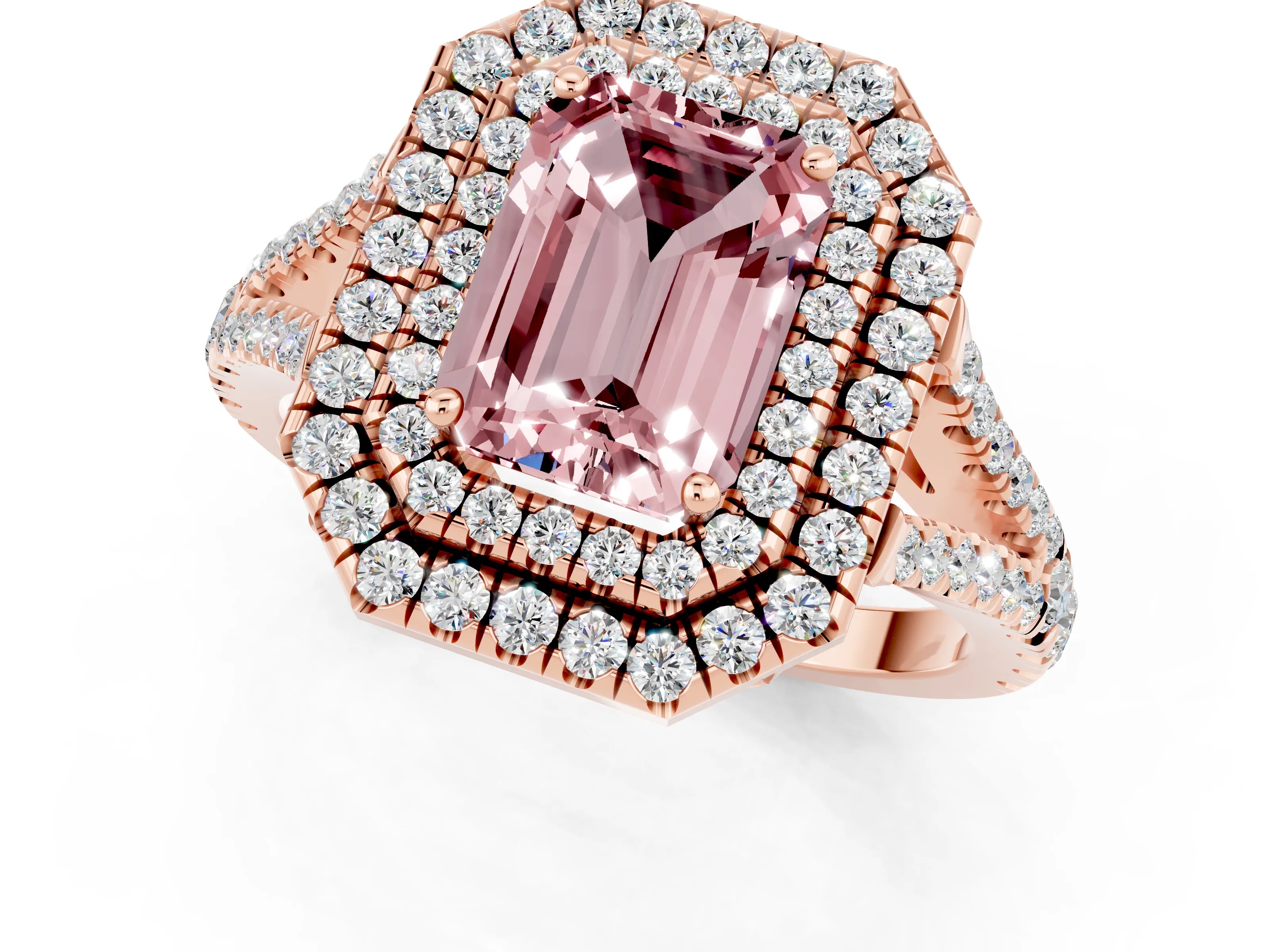 Rose gold Emerald Cut Morganite Double Halo Ring with Pavé Band and Prong Setting_13