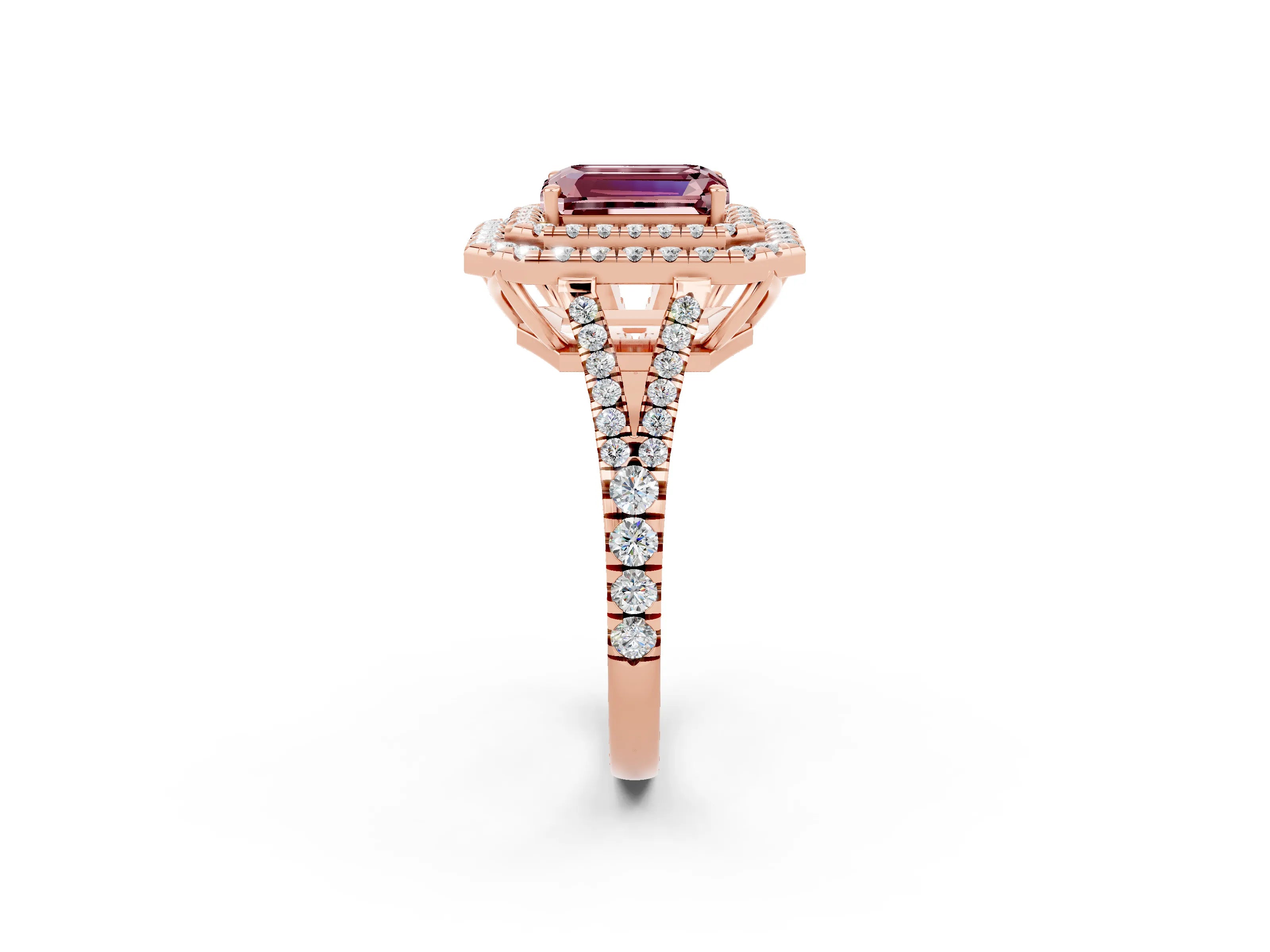 Rose gold Emerald Cut Morganite Double Halo Ring with Pavé Band and Prong Setting_14