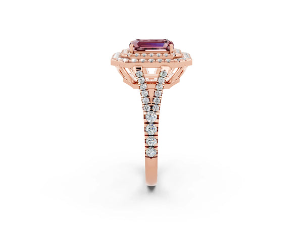Rose gold Emerald Cut Morganite Double Halo Ring with Pavé Band and Prong Setting