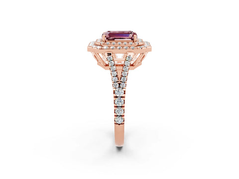 Rose gold Emerald Cut Morganite Double Halo Ring with Pavé Band and Prong Setting_14