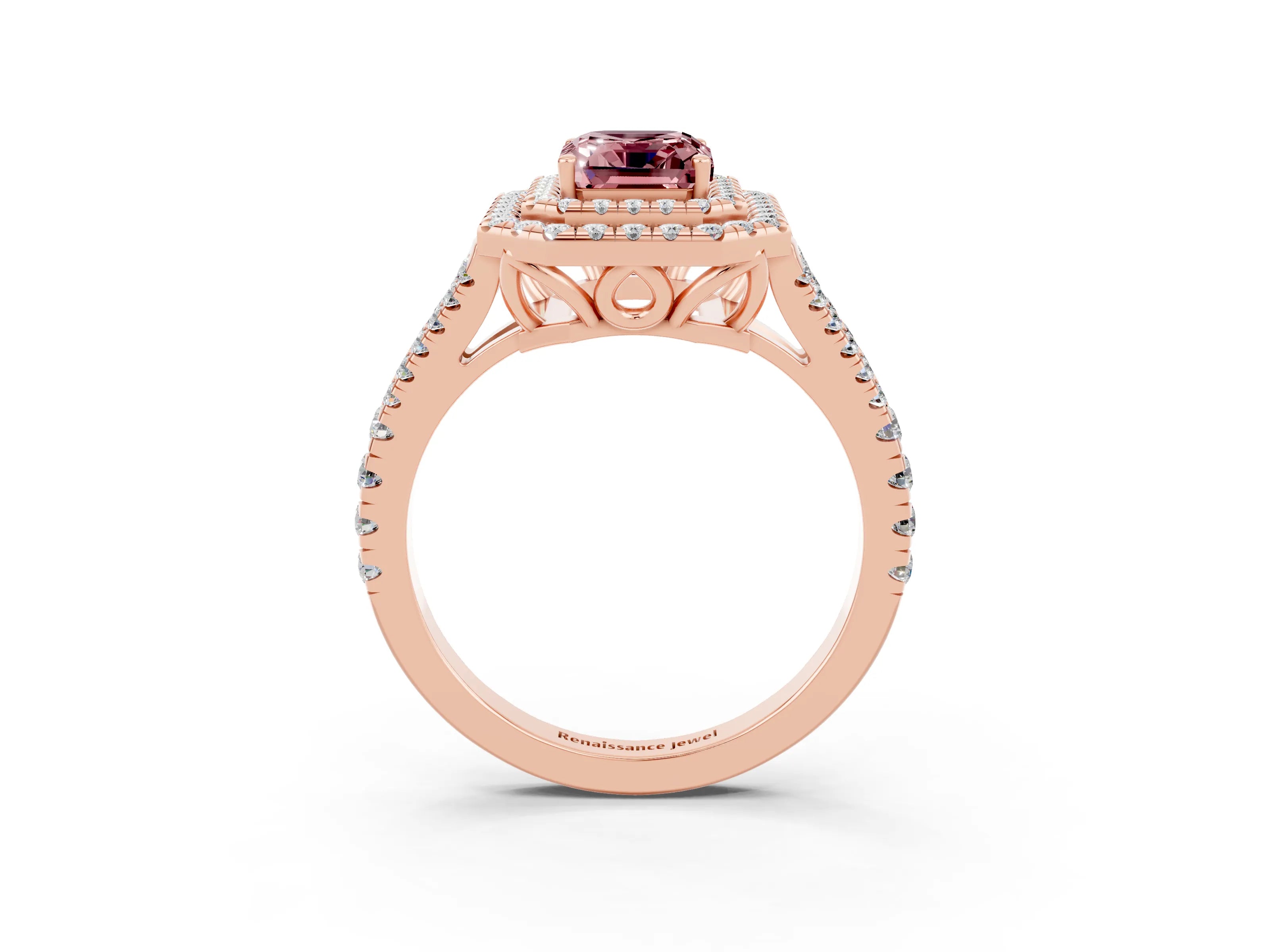 Rose gold Emerald Cut Morganite Double Halo Ring with Pavé Band and Prong Setting_15