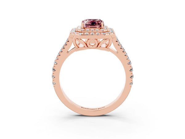 Rose gold Emerald Cut Morganite Double Halo Ring with Pavé Band and Prong Setting