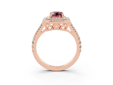 Rose gold Emerald Cut Morganite Double Halo Ring with Pavé Band and Prong Setting_15