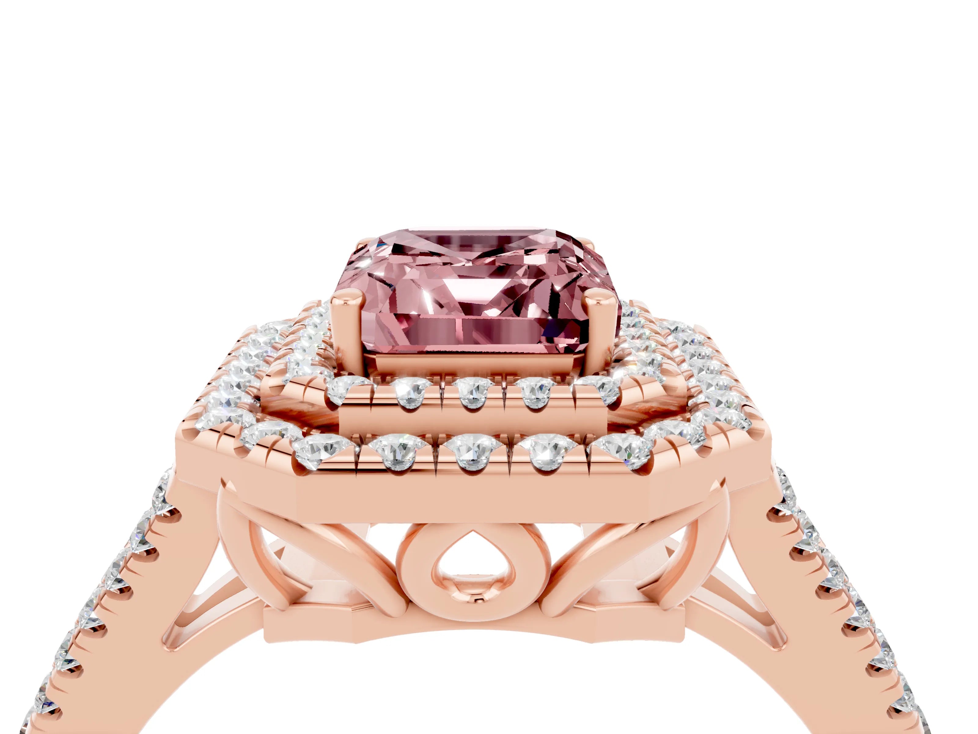Rose gold Emerald Cut Morganite Double Halo Ring with Pavé Band and Prong Setting_16
