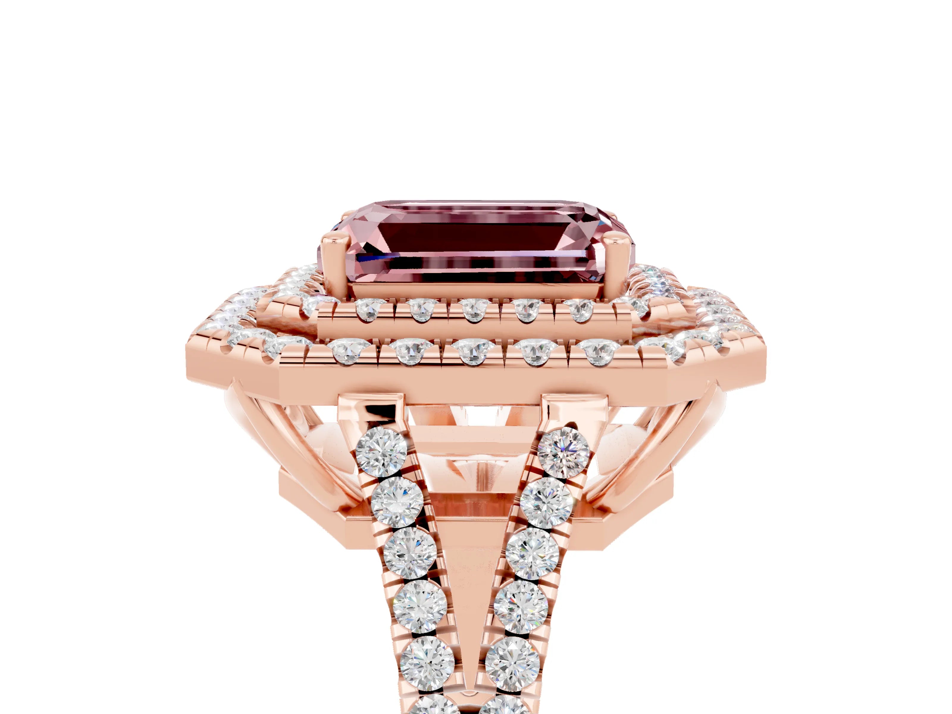 Rose gold Emerald Cut Morganite Double Halo Ring with Pavé Band and Prong Setting_17
