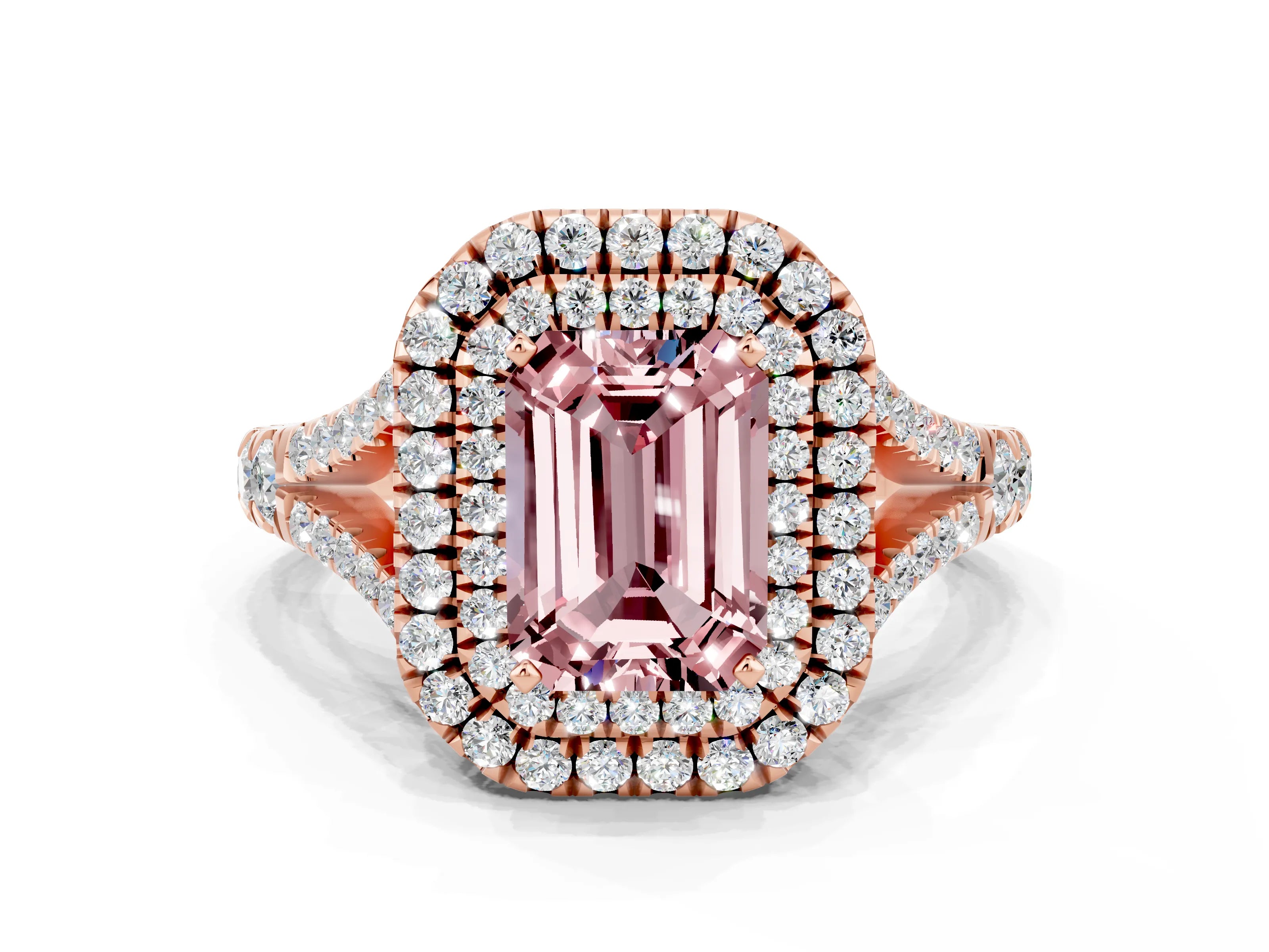 Rose gold Emerald Cut Morganite Double Halo Ring with Split Shank and Prong Setting_12