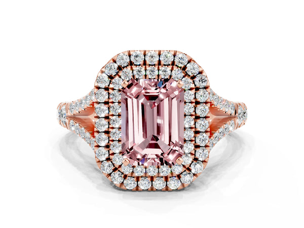 Rose gold Emerald Cut Morganite Double Halo Ring with Split Shank and Prong Setting