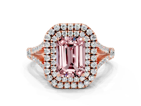 Rose gold Emerald Cut Morganite Double Halo Ring with Split Shank and Prong Setting_12