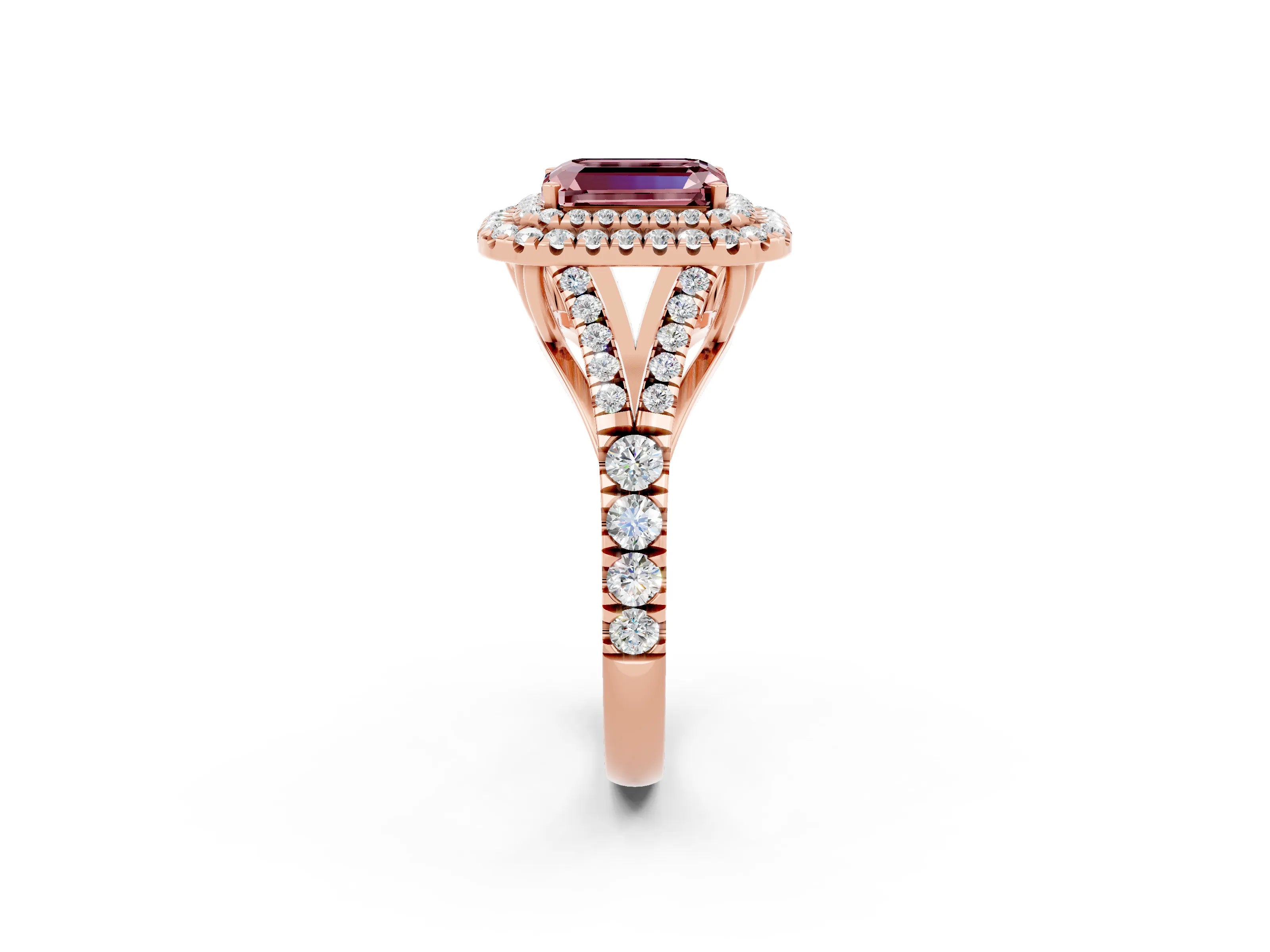 Rose gold Emerald Cut Morganite Double Halo Ring with Split Shank and Prong Setting_14