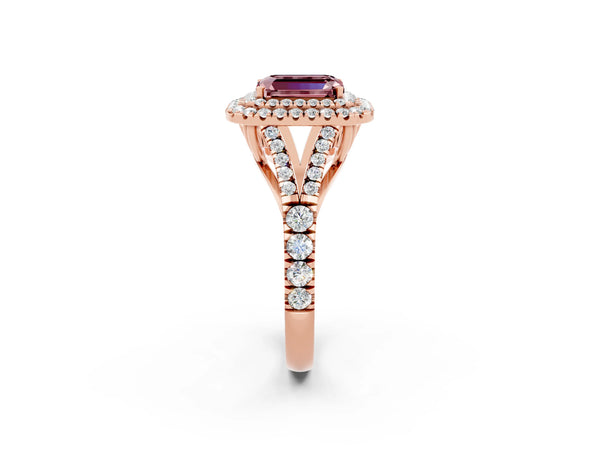 Rose gold Emerald Cut Morganite Double Halo Ring with Split Shank and Prong Setting