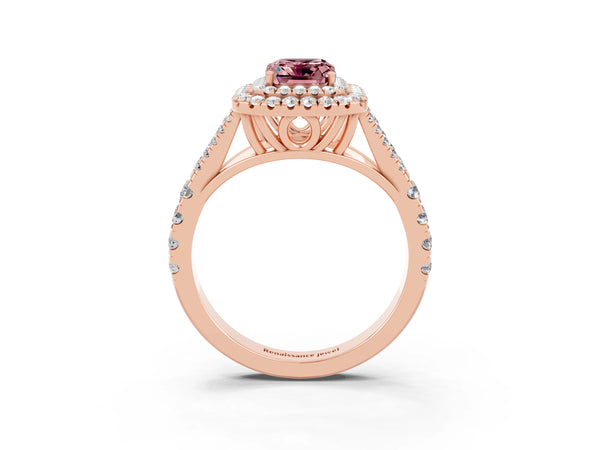Rose gold Emerald Cut Morganite Double Halo Ring with Split Shank and Prong Setting