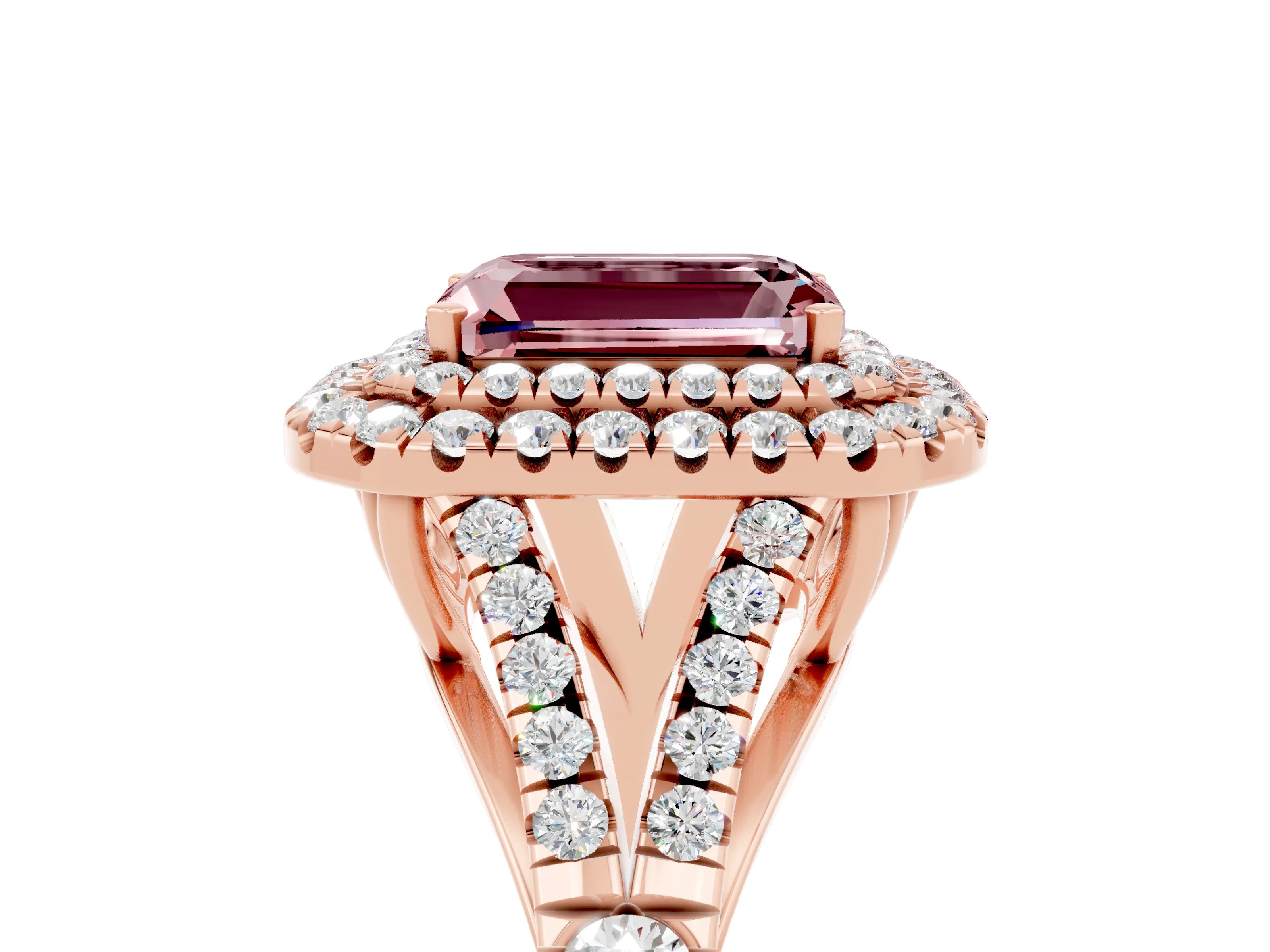 Rose gold Emerald Cut Morganite Double Halo Ring with Split Shank and Prong Setting_17