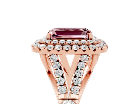 Rose gold Emerald Cut Morganite Double Halo Ring with Split Shank and Prong Setting_17