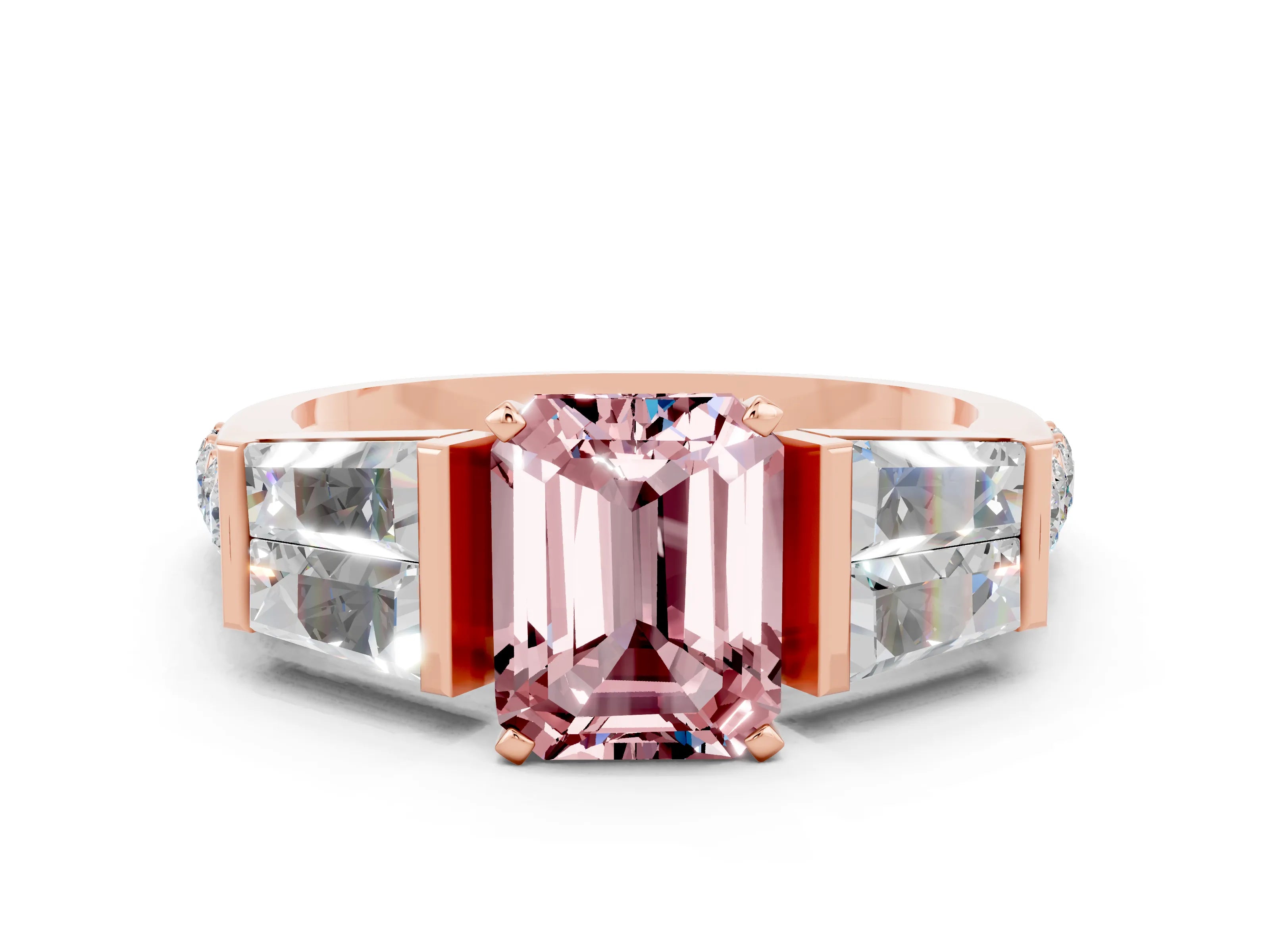 Rose gold Emerald Cut Morganite Engagement Ring with Baguette Side Stones and Channel Set Band
