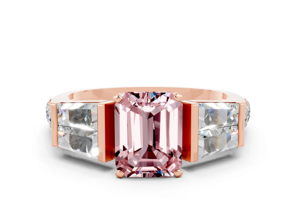 Rose gold Emerald Cut Morganite Engagement Ring with Baguette Side Stones and Channel Set Band