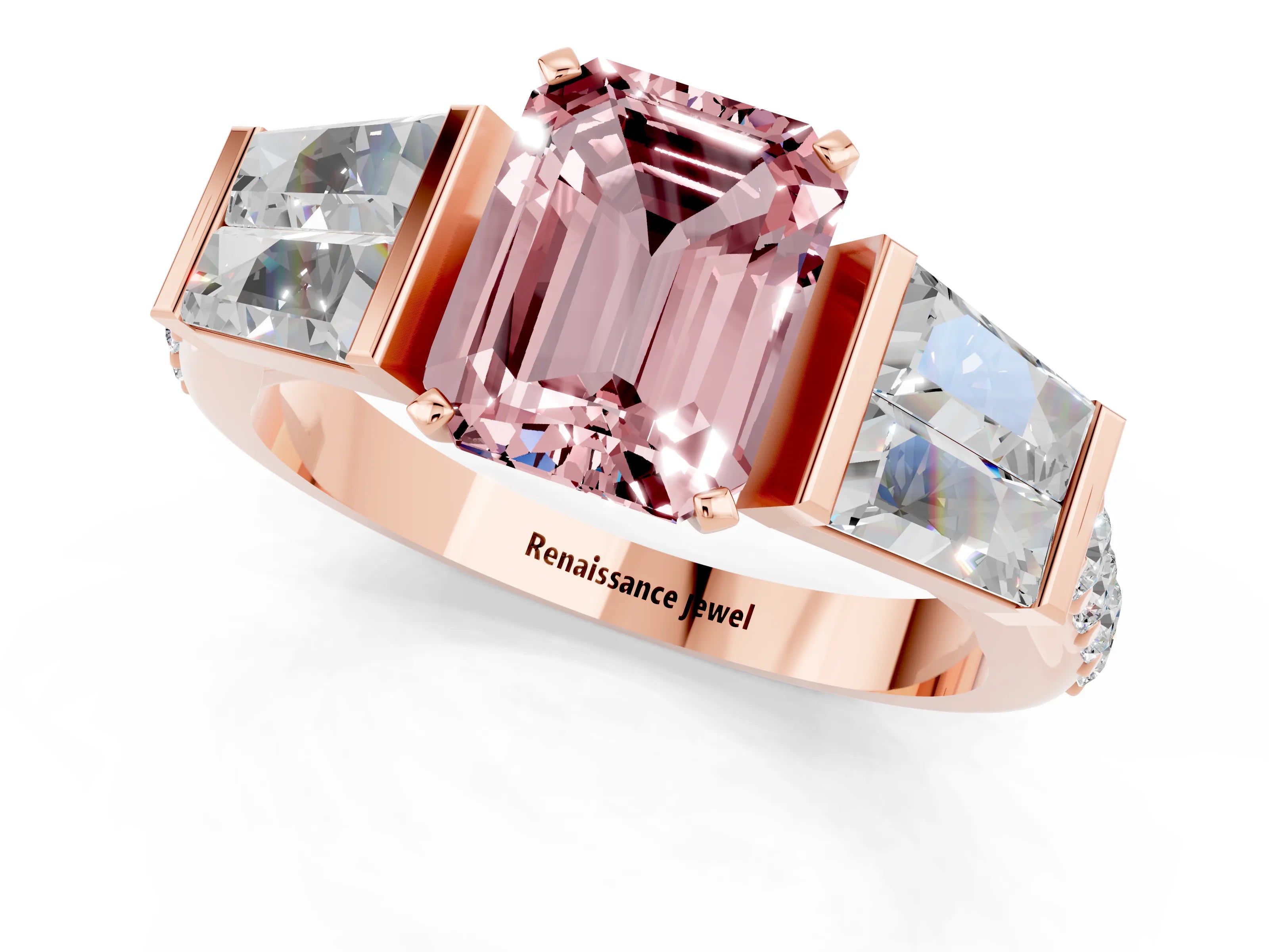 Rose gold Emerald Cut Morganite Engagement Ring with Baguette Side Stones and Channel Set Band_1