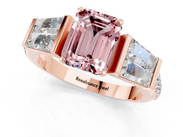 Rose gold Emerald Cut Morganite Engagement Ring with Baguette Side Stones and Channel Set Band